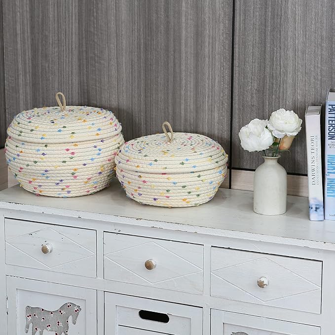 Sea Team Round Cotton Rope Storage Basket with Lid, Decorative Woven Storage Bin, Pot, Caddy, Organizer, Container for Snacks, Towels, Plants (Rainbow, Small/2-Pack)