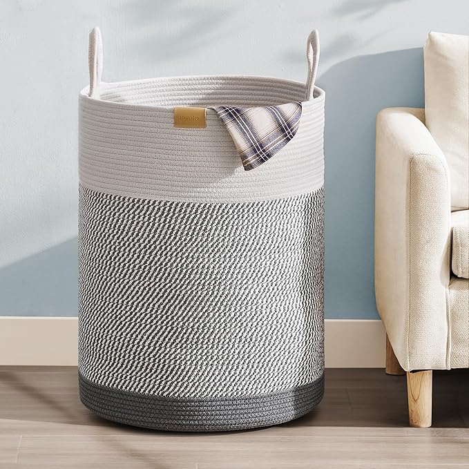 Laundry Hamper 95L,Large Laundry Basket for Clothes,Decorative Storage Basket for Blankets,Cotton Rope Woven basket for bedroom,Grey White
