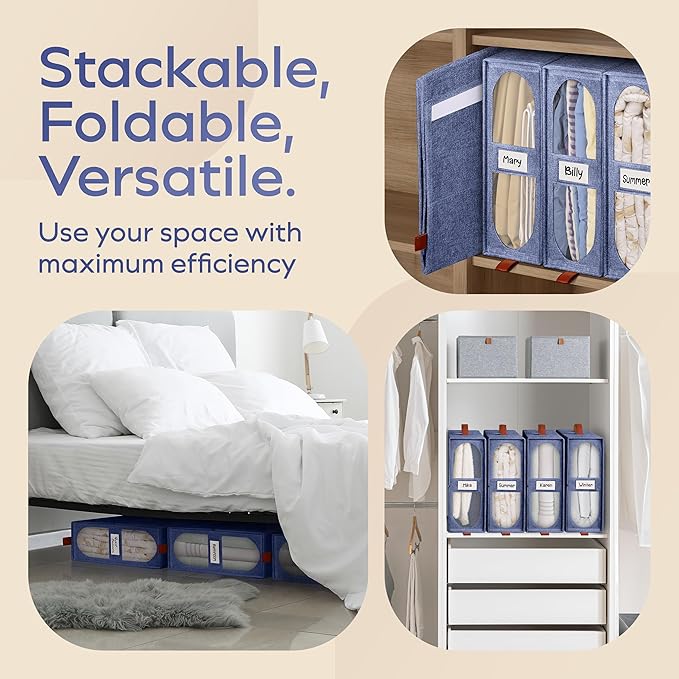 4x Bed Sheet Organizer Storage Boxes with Big See-Through Windows - Bedsheet Organizers Redesigned. Robust Bed Sheet Storage -15x13x5 Inches Sheet Organizers Containers (Denim)