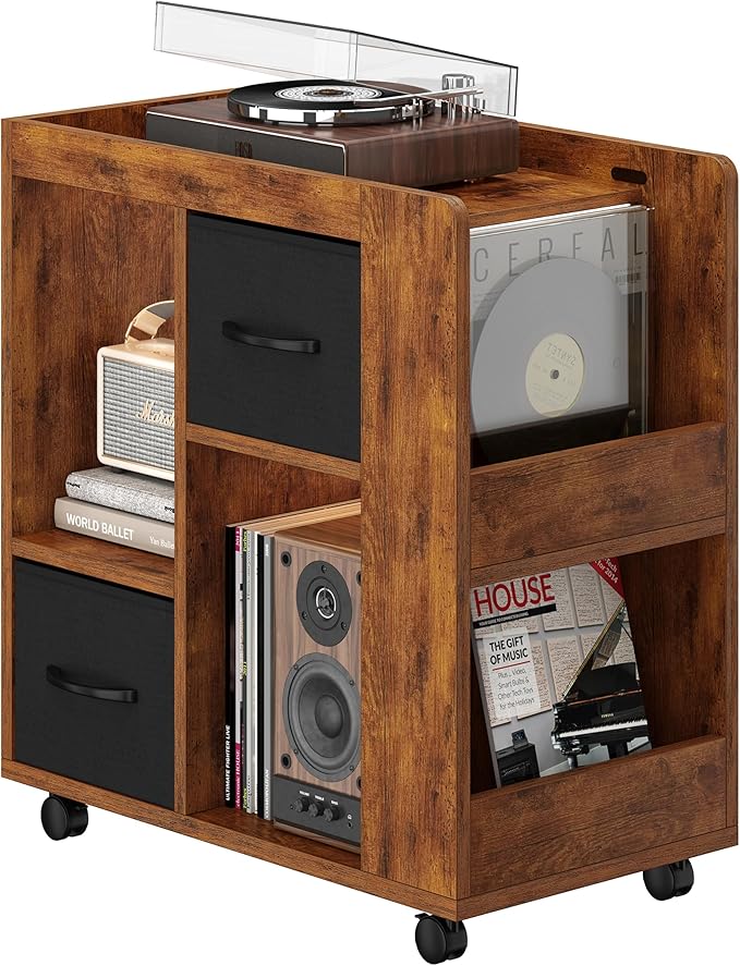 Yaheetech Narrow Side Table with Storage, Wooden Rolling Nightstand Bedside Table with Wheels, Magazine Racks and Open Shelves, End Table with Drawers for Living Room Bedroom, Rustic Brown