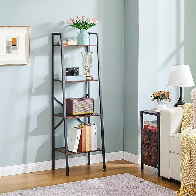 Hoctieon 4-Tier Industrial Ladder Bookshelf, Narrow Ladder Shelf, Tall Standing Bookshelf, Skinny Open Ladder Shelf, for Living Room, Home Office, Kitchen, Bedroom, Metal Frame, Rustic Brown