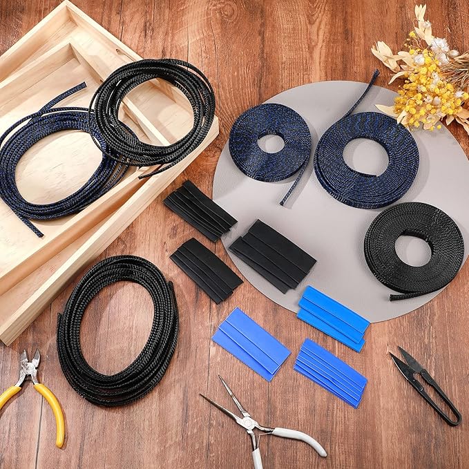 Xuniea 96ft Wire Loom Braided Cable Sleeve Covers Cord Management with 127 Pcs Tube Heat Shrinkable for Audio Video Cable Cord Protectors from Pets(1/4, 1/2, 3/4 Inch,Black and Blue)