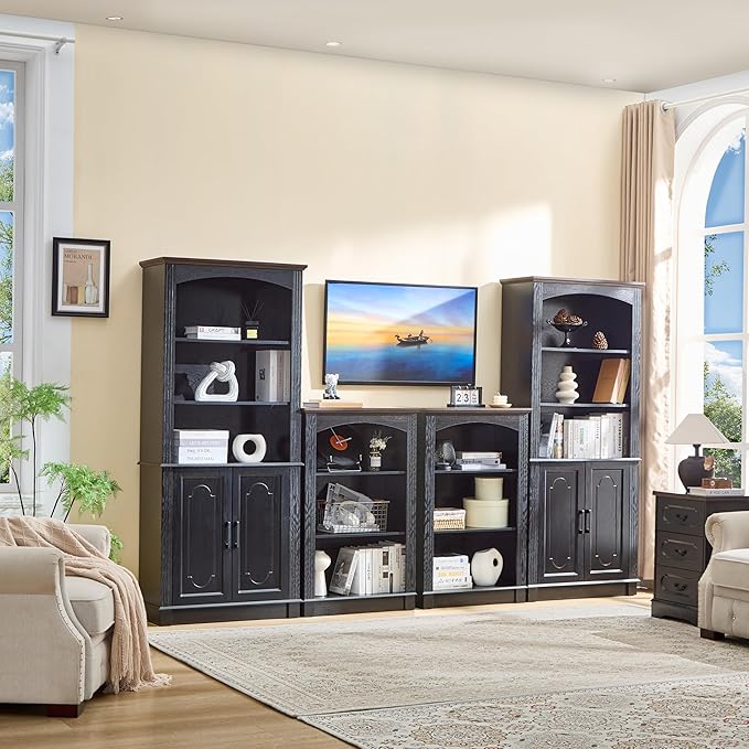 Black 5 Tier Book Shelf and Bookshelf with Storage Cabinet Doors, 72 Inch Tall Bookcase, Wooden Cube Storage Organizer, Kids Bookshelf, Display Cabinet for Bedroom Furniture, Living Room, Pantry