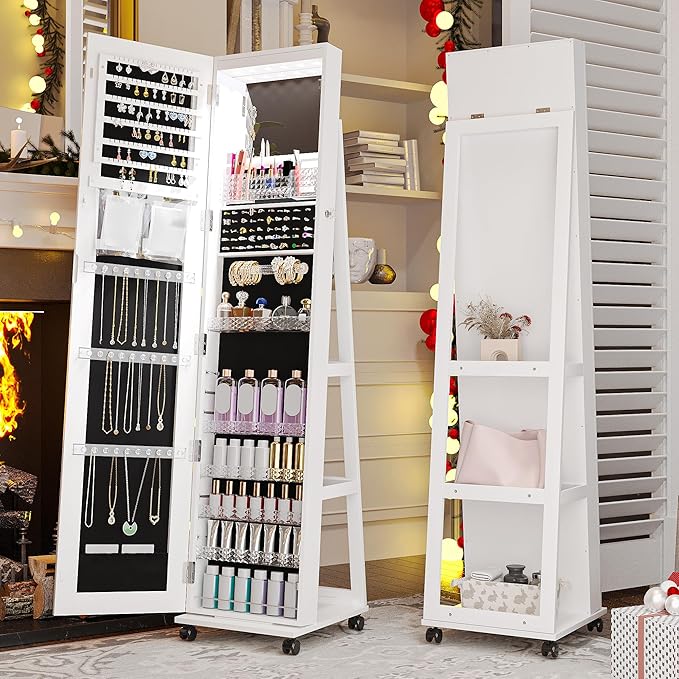 HNEBC 360° Swivel Mirrored Jewelry Armoire with 6 LEDS, Full Length Mirror with Jewelry Storage, Lockable Floor Standing Mirror with 4 Lockable Wheels for Cloakroom, Bedroom(White)