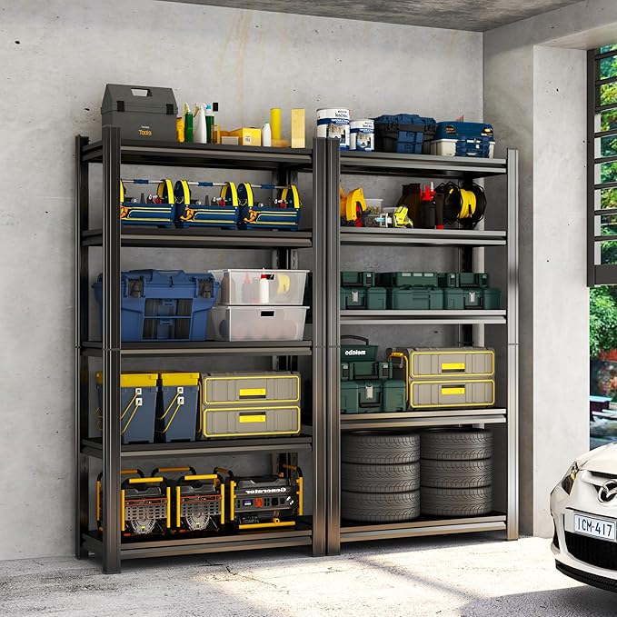 Storage Shelves, Garage Metal Shelving Unit, Adjustable, Double-Layer Column with Reinforced Ribs, Heavy-Duty, Capable of Bearing 600-3600 lbs (Black, 77 * 45 * 18, 5-Tier)