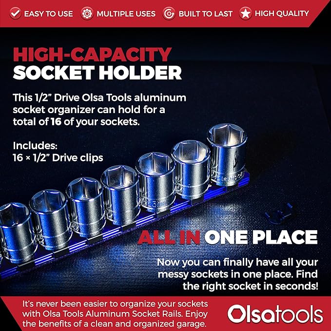 Olsa Tools 1/2-Inch Drive Aluminum Socket Organizer with Locking End Caps | Professional Quality Socket Holder (BLUE)