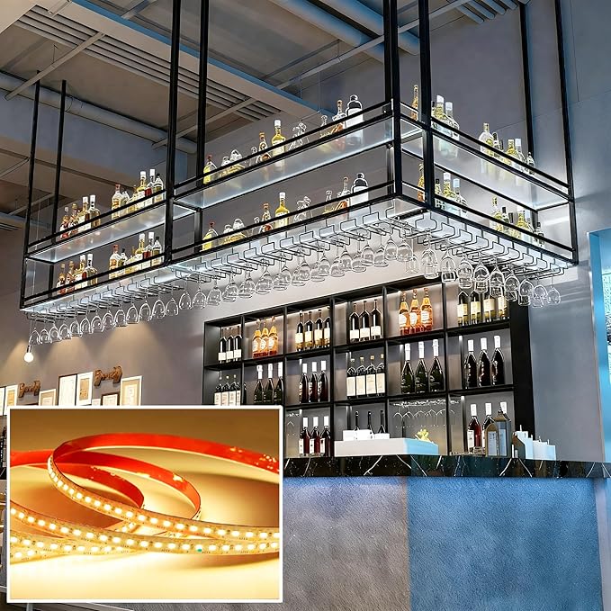 39.3IN Acrylic Ceiling Wine Glass Rack with Transparent Shelves, Hanging Wine Rack with Glass Holder and LED lights, 2 Layer Ceiling Bottle Holder Shelf for Bar Kitchen Decorate (39.3in/100cm)
