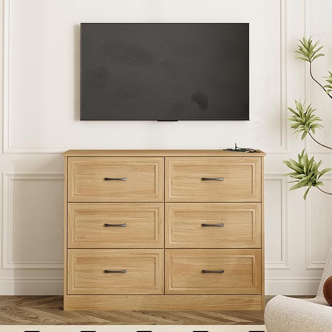 Fameill Dresser for Bedroom, 6 Drawer Wide Dresser Organizer with Charging Station for Hallway with Metal Handles, Oak