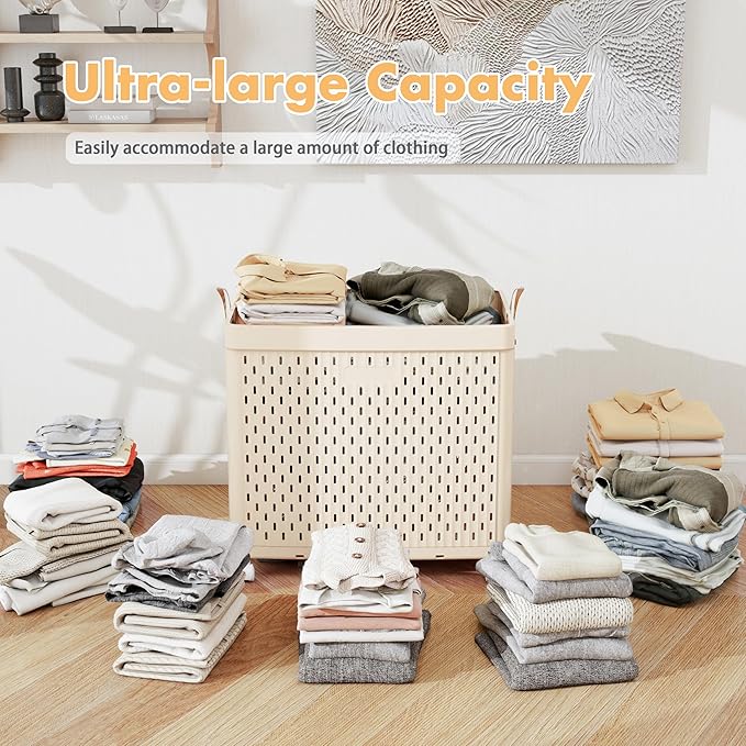 UAK Laundry Basket with Wheels, Collapsible Plastic Laundry Hamper with Handle, Foldable Laundry Basket Organizer for Laundry and Bathroom Ivory, XXXXL (110L)