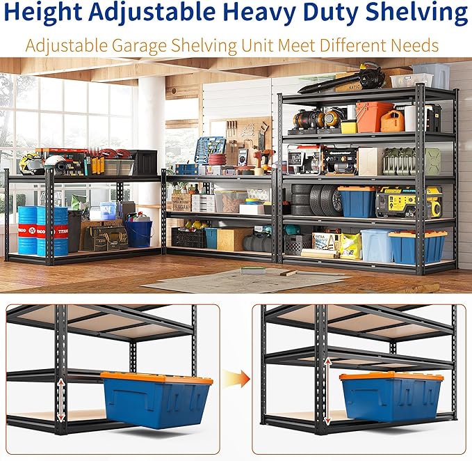 REIBII 48" W Garage Shelving Heavy Duty, 3000LBS Storage Shelves, 5-Tier Adjustable Metal Shelving, Garage Shelves Sturdy Industrial Shelf, Easy Assemble, 72" H x 48" W x 18" D, 2PC