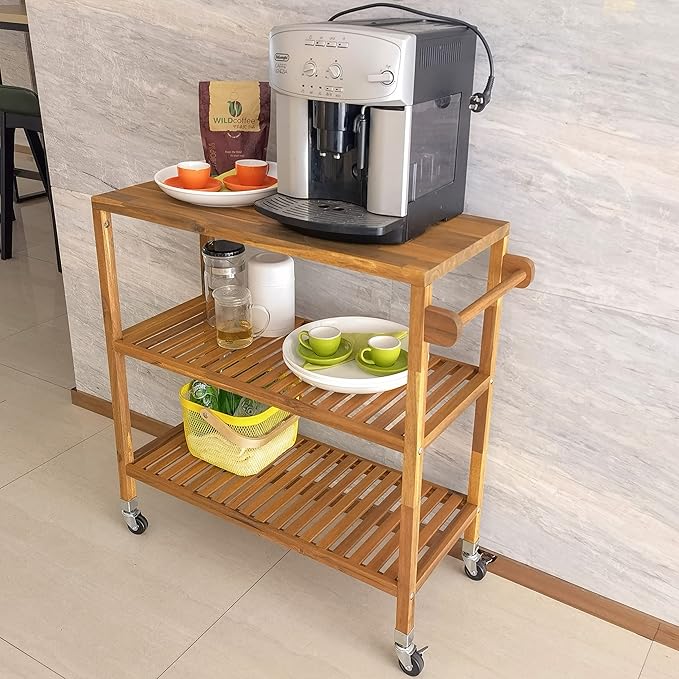 Interbuild 3 Tier Acacia Hardwood Kitchen Cart Portable Rolling Trolley Cart Kitchen Storage Utility Cart with Towel Rack (Golden Teak)