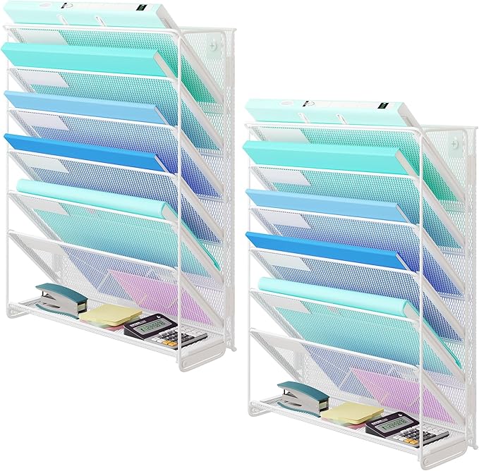 Kuntine.B Wall File Organizer Hanging Magazine Holder (White, 7 Tier 2 Pack)