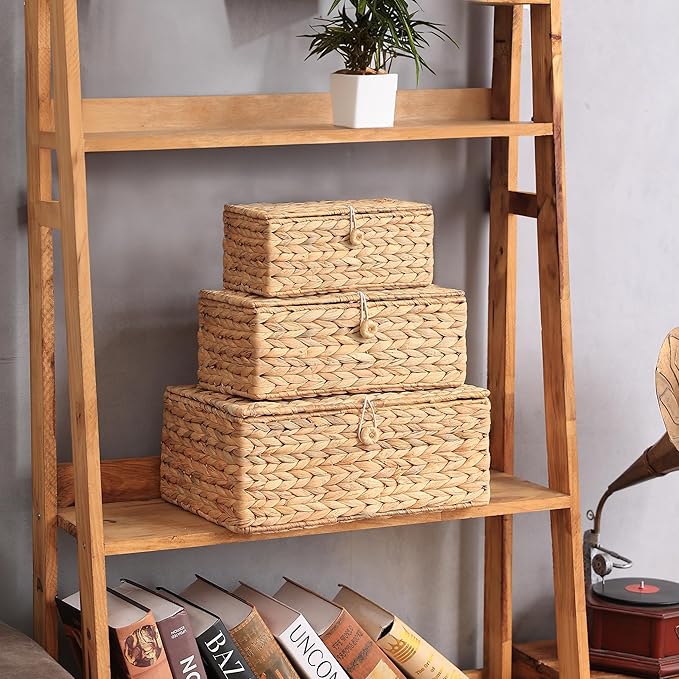 Set of 3 Wicker Storage Baskets with Lid, Large Rectangular Rattan Basket Decorative Boxes, Natural Water Hyacinth Wicker Basket for Shelf Organizer, Nursery Room