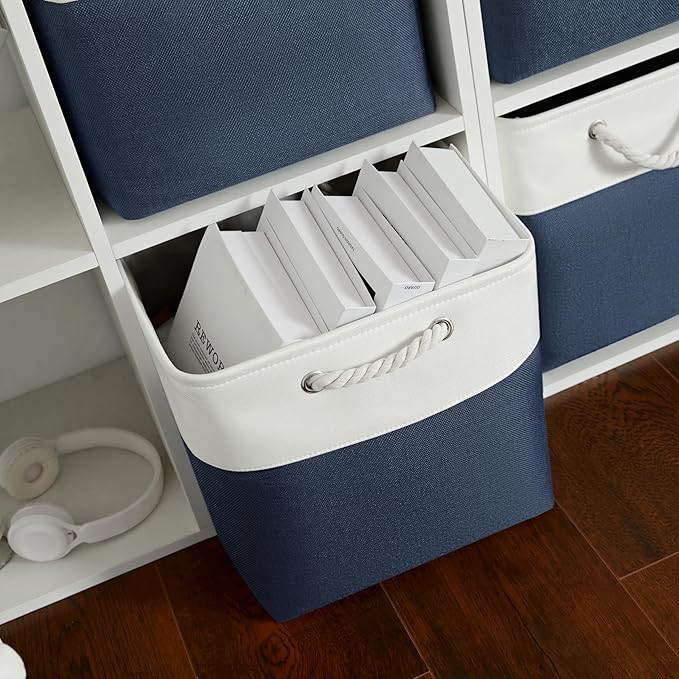 Fabric Storage Cubes, 11 inch cube storage bin with Handles, 11x11cube storage organizer bins, Collapsible Storage Bins for Shelves and Home, Cubby Storage Bins (white-navy, 10.5x10.5x11in)
