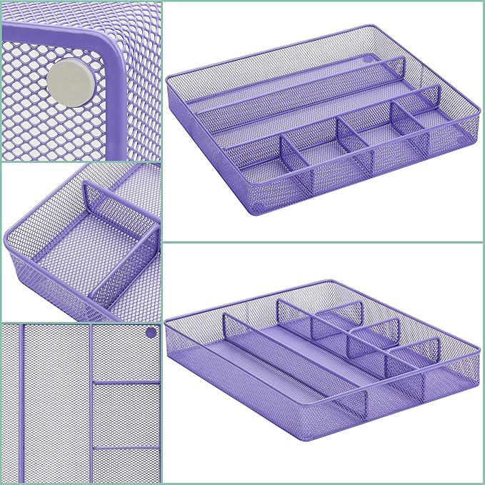 Annova Desk Top Organizer Tray for Office Organization - Metal Mesh - Storage Tray with Dividers for Pens, Desktop Accessories, Bathroom, Kitchen, Makeup and Office Supplies (Large, Purple)