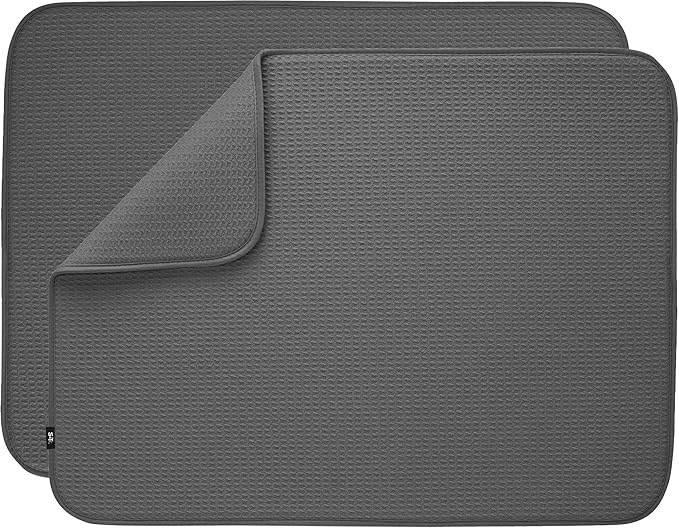 S&T INC. Dish Drying Mat XL 2 Pack, 18” x 24”, Absorbent Microfiber Kitchen Counter Mat, Dish Drying Pad for Dishes, Utensils, Pots and Pans, Extra Large, Charcoal Grey