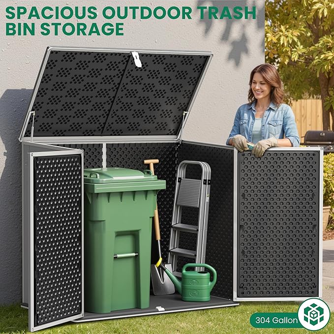 Horizontal Outdoor Storage Shed, 304 Gallon Resin Storage Shed with Lockable Doors & Lift Lid, Waterproof Backyard Shed for Trash Cans, Tools & Patio Equipment (Upgraded Version)