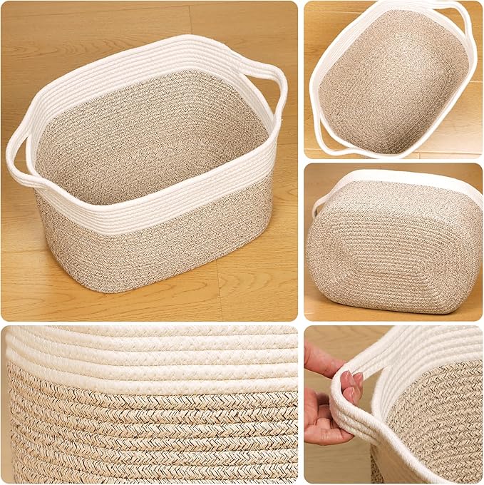 Kntiwiwo Storage Baskets for Organizing 14.7”x11”x9.6” Rope Storage Baskets for Shelves with Handles, Decorative Closet Baskets & Bins, Large Woven Baskets for Storage, White & Brown