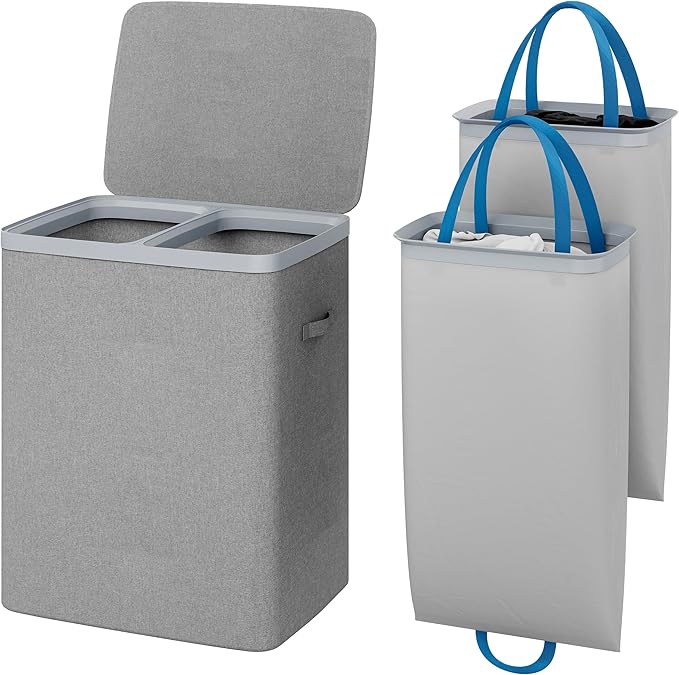 Laundry Hamper with lid, 100L Large Capacity Foldable Laundry Basket with Dual Compartments for Light & Dark Clothes, Removable Bags, Space-Saving, Easy Setup