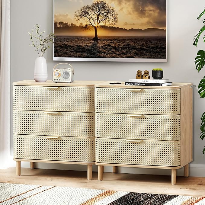 ORRD 3 Drawer Dresser, Modern Iron Rattan Cabinet Dresser for Bedroom, Large Nightstand Accent Storage Chest of Drawers for Living Room, Bedroom - Natural