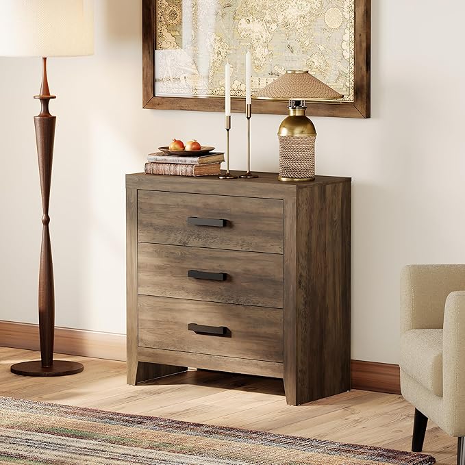 WAMPAT Farmhouse Nightstand with 3 Drawers, Large Wood Bedside Table, Wide Sofa Side End Table, Storage Organizer Chest for Living Room, Bedroom, Hallway, Brown, 32 Inches