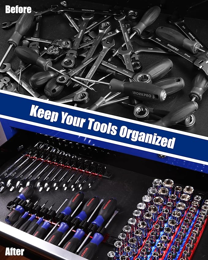 WORKPRO 8-Piece Magnetic Socket Organizer and Magnetic Screwdriver Organizer Set, 6-Piece 1/4", 3/8" & 1/2" Drive Metric & SAE Socket Rail, 2-Piece Screwdriver and Wrench Holder(Sockets not Included)