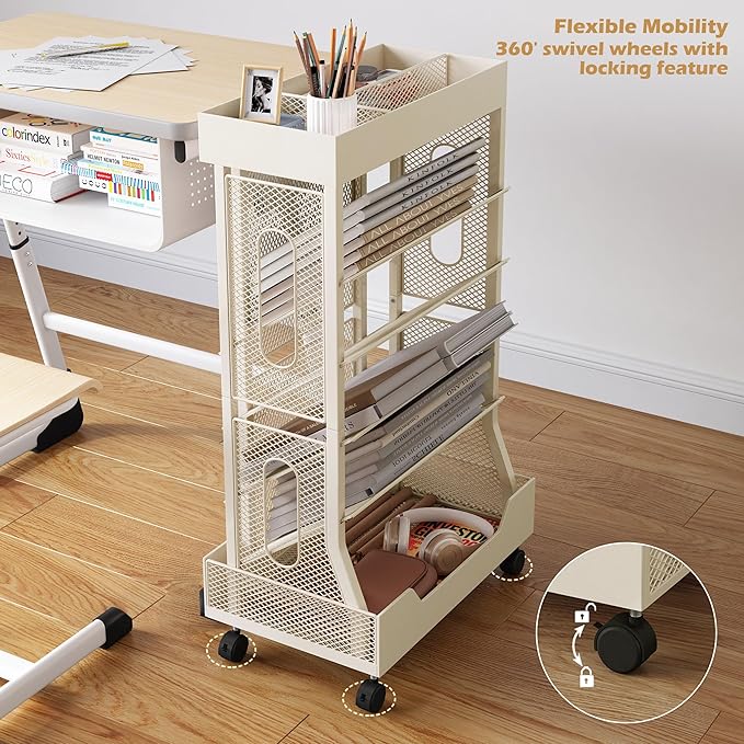Book Cart with Wheels Mobile Bookshelf Rolling Bookshelf Organizer Bookcase Book Storage Rack, Book Movable Rolling Carts with Wheels for Office School, Beige