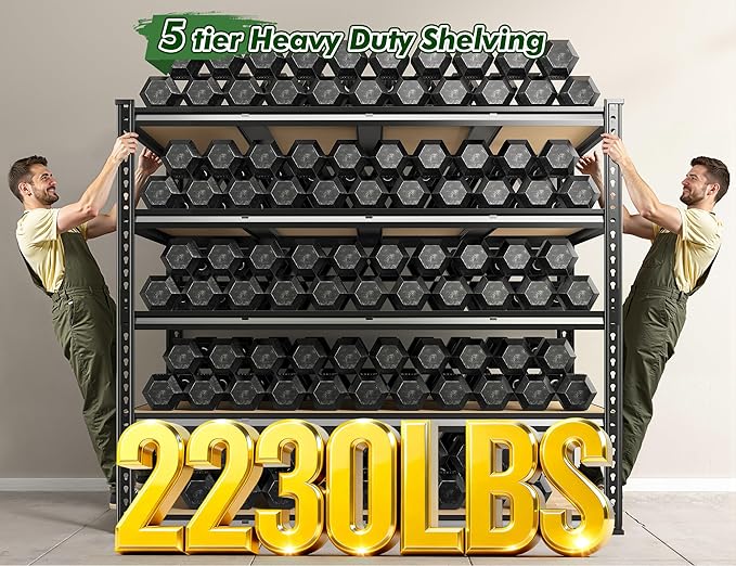 55.1" W Garage Shelves 2230LBS Storage Shelves, 5 Tier Adjustable Metal Shelving, Garage Shelving for Storage, Basement, Warehouse, Pantry, Kitchen, 55.1" W x 24.1" D x 72.1" H, Black
