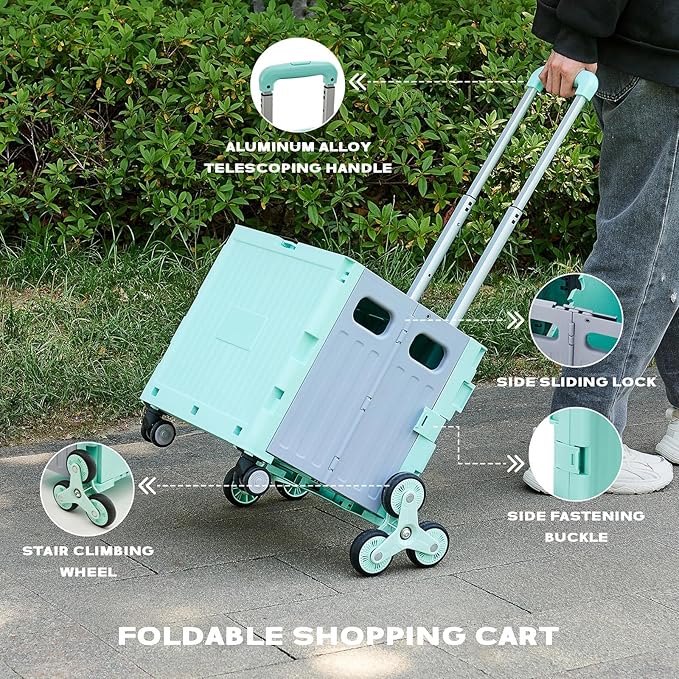 Utility Cart Foldable Shopping Cart Book Storage Cart, with Stair Climbing Wheels and Telescopic Handle, Ideal for Outdoor Home Use and Teacher/Student Book Storage. (Green, Small)