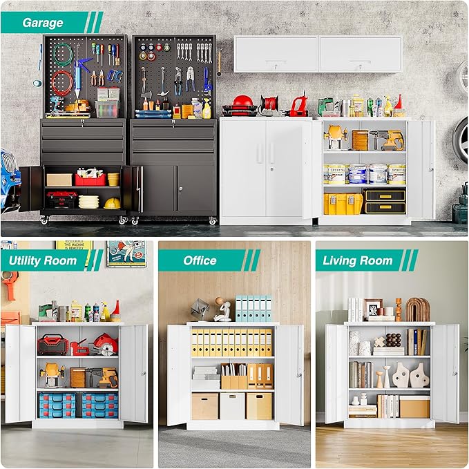 SISESOL White Metal Storage Cabinet with Doors and Shelves,36 inch Small Metal Cabinet with Lock,Short Garage Storage Cabinets,Locking Steel Cupboard for Home,Office,Kitchen,Garages