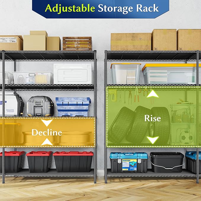 70.8H Wire Shelving Rack, 5Tier Metal Shelving Unit,1400LBS Heavy Duty Storage Shelves,Adjustable Pantry Shelves, Metal Shelf and Storage Rack,Industrial Shelving 52.36W x13.78Dx70.8H,Black
