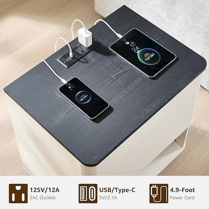 ACCOHOHO Nightstand with Charging Station, 22" Push-to-Open Bedside Table with 2 Storage Drawers, Large Modern End Table for Bedroom,Living Room,White