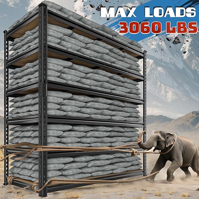 55" W Storage Shelves, 3060LBS Garage Shelving, 6-Tier Heavy Duty Shelving, Adjustable Metal Shelving Unit for Garage, Warehouse, Pantry, Kitchen, 55" W × 24" D × 84" H, Black