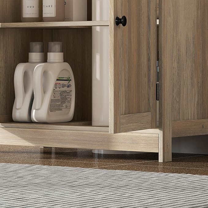 HOMCOM Under Sink Bathroom Cabinet, Pedestal Sink Storage Cabinet with 2 Doors, Shelf and U-Shape, Weathered Gray Oak