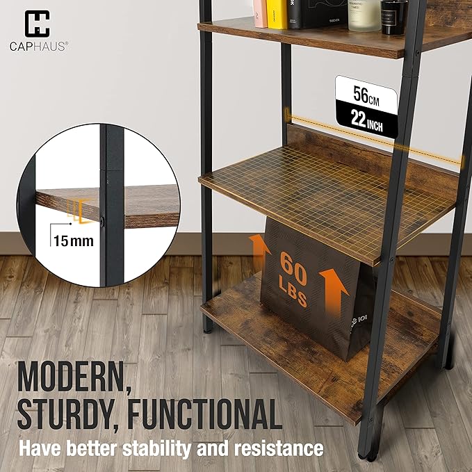 CAPHAUS 4 Tier Ladder Bookshelf, 24 Inch Width Free Standing Shelf, Bookcase Shelf Storage Rack Organizer, Industrial Book Shelves for Home Office, Living Room, Kitchen, Rustic Oak, Vintage Shelves