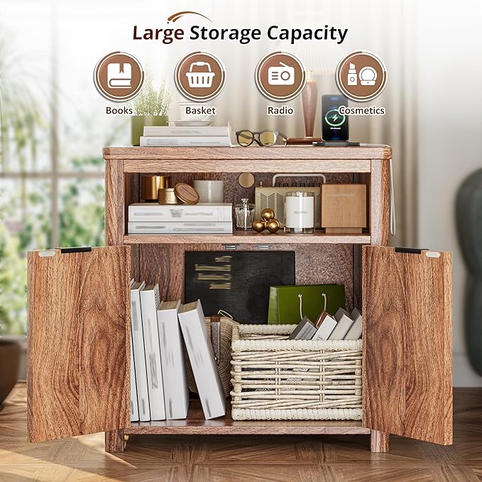 Fluted Nightstand with Charging Stations, 23.6" Wide Walnut Nightstand with Storage Drawers, Side Tables, Modern Farmhouse End Tables for Bedroom, Walnut Brown