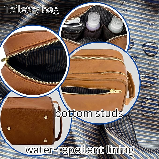 Dopp Gift Large Travel Toiletry Bag Premium Quality PU Leather Two compartments YKK Zippers Water-resistant Bottom Studs Mesh Pockets Durable Cosmetic Organizer CARAMEL LIGHT BROWN