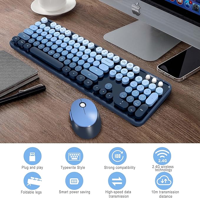 Wireless Keyboard and Mice Combo,Retro Round Keys Full-Sized Cute Keyboard, 2.4Ghz Dropout-Free Connection and Optical Mouse for Windows, Mac, PC, Laptop, Desktop (Blue-Colorful)