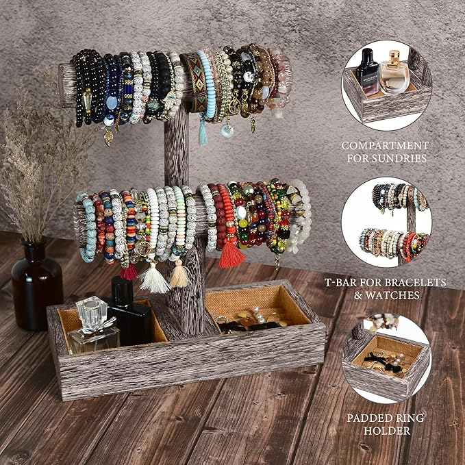 LadyRosian 2 Tier Wooden Display Jewelry Accessory Stand Jewelry Bracelet Holder Bangle Watch Necklace Storage Jewelry Holder Stand Display Organizer, (Antique White-2 layers)