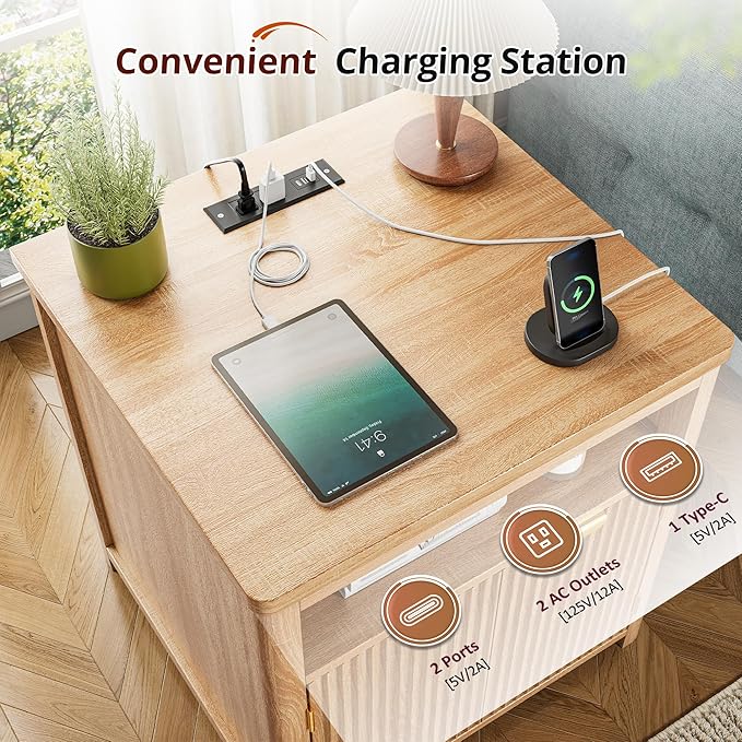 Fluted Nightstand with Charging Stations, 23.6" Wide Natural Oak Nightstand with Storage Drawers, Side Tables, Modern Farmhouse End Tables for Bedroom, Natural Oak