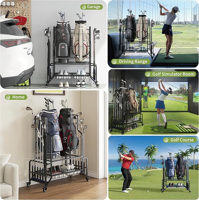Heavy-Duty Golf Bag Storage Garage Organizer with Wheels - Large Dual Bag Stand & Club Rack with 2 Ball Drawers, Innovative Wave Holder, and Extra Shoe Shelf for Garage & Home