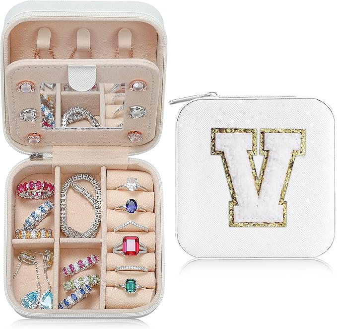 Parima Travel Jewelry Organizer for Women | Necklace, Earring, Ring Organizer | Women's Travel Gifts - Letter V, White