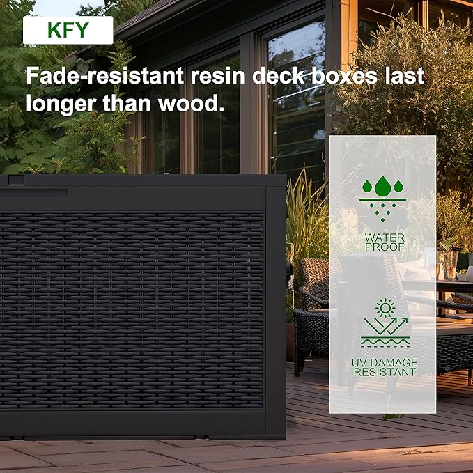 DRATO 320 Gallon Deck Box, Outdoor Large Waterproof Resin Storage Box with Lockable Lid for Patio Cushions, Gardening Tools （Black，320 Gallon）
