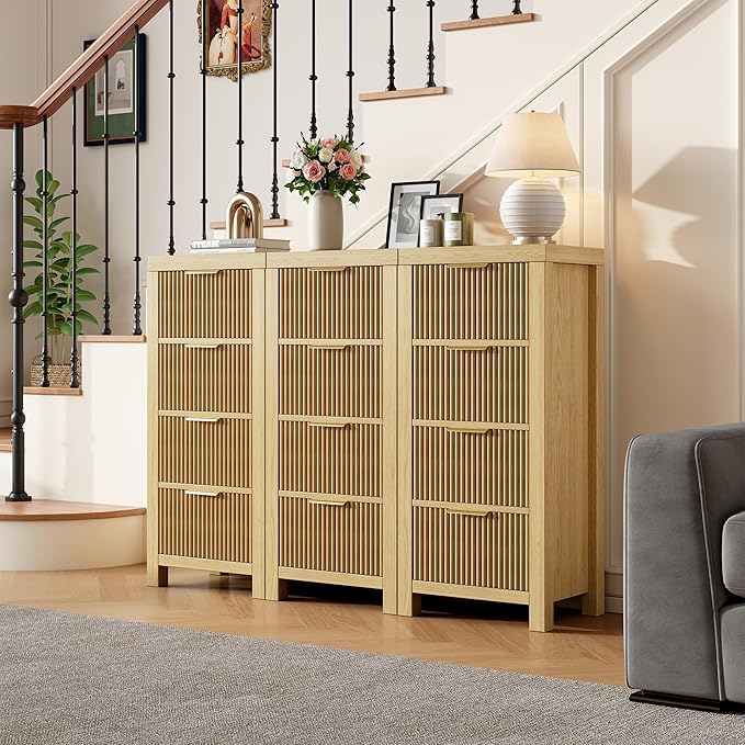 Modern 12-Drawer Solid Wood Dresser with Fluted Front & Gold Handles, Multifunctional Tall Storage Chest, for Hallway, Entryway, Natural X3