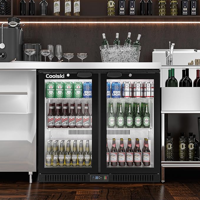 Coolski Back Bar Cooler Commercial Undercounter Refrigerator with 2 Glass Door, Bar Beverage Refrigerator for Beer Soda Wine 7.0 Cu.Ft. Capacity LED Lighting ETL NSF Approved, Black