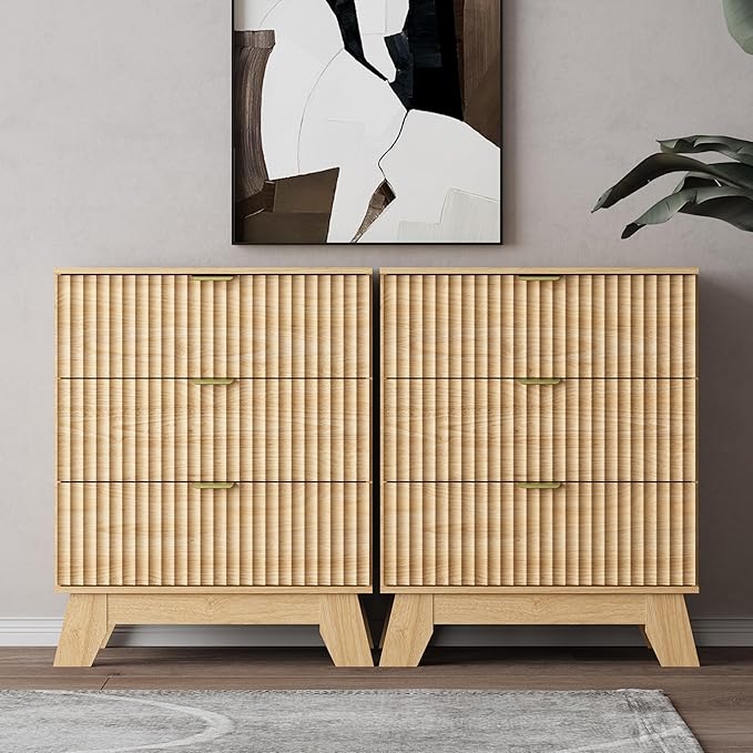 Night Stand Set 2, Bedside Table & End Table, Mid Century Modern Fluted Wood Nightstand with 3 Drawers & Metal Handles, Farmhouse Nightstand for Bedroom, Natural Oak
