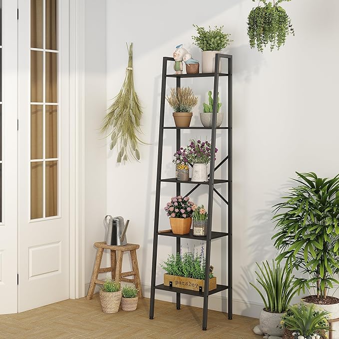 Hoctieon 5-Tier Industrial Ladder Bookshelf, Narrow Ladder Shelf, Tall Standing Bookshelf, Skinny Open Ladder Shelf, for Living Room, Home Office, Kitchen, Bedroom, Metal Frame, Black
