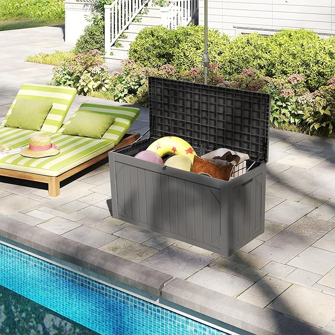 100 Gallon Outdoor Storage Box Waterproof,Resin Deck Box Storage Bin for Cushion Patio Furniture, Pool Accessories, and Garden Tools, Lockable & UV-Resistant, Grey