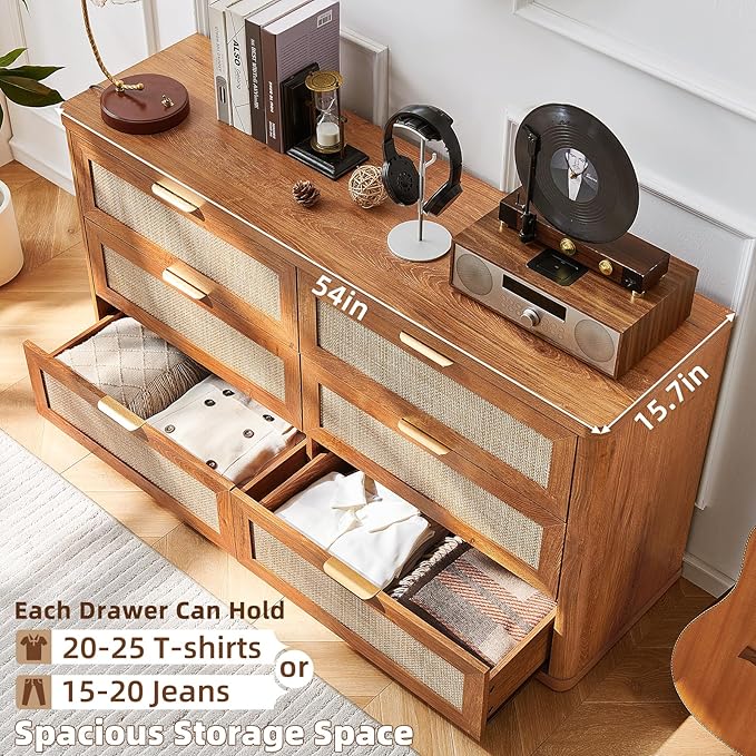 LEYAOYAO Rattan 6 Drawer Dresser for Bedroom, 54" Wide Boho Chest of Drawers, Wooden Dressers TV Stand with Metal Handle, Storage Closet Organizer for Living Room, Hallway, Tea Brown