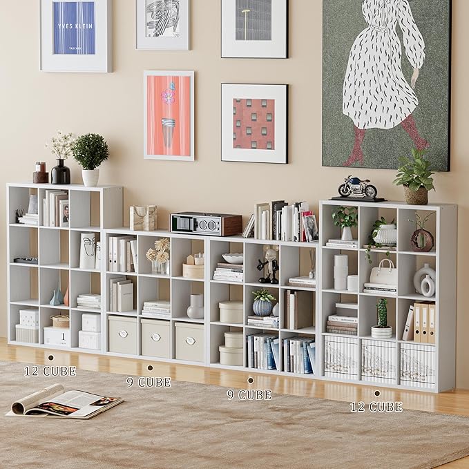 Cube Storage Organizer Bookcase, Decorative 11 inch Open Back Cubical Shelf with Thickened Border, Display Bookshelf for Living Room, Home Office, Sturdy Room (White, 9 Cube)